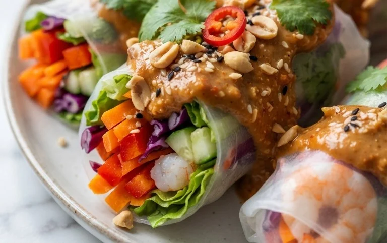 Rainbow Spring Rolls with Gin Extractger Peanut Sauce
