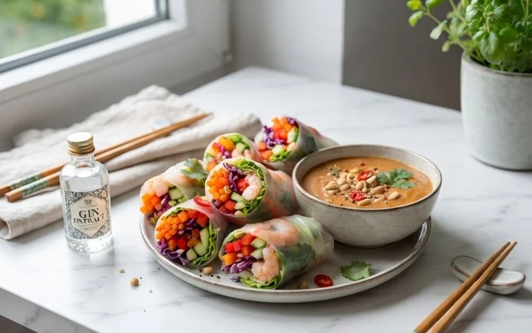 Rainbow Spring Rolls with Gin Extractger Peanut Sauce