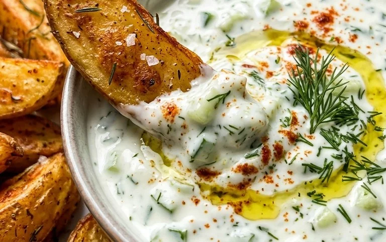 Kartoffelspalten mit Gurkendip