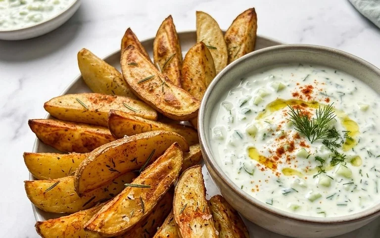 Kartoffelspalten mit Gurkendip
