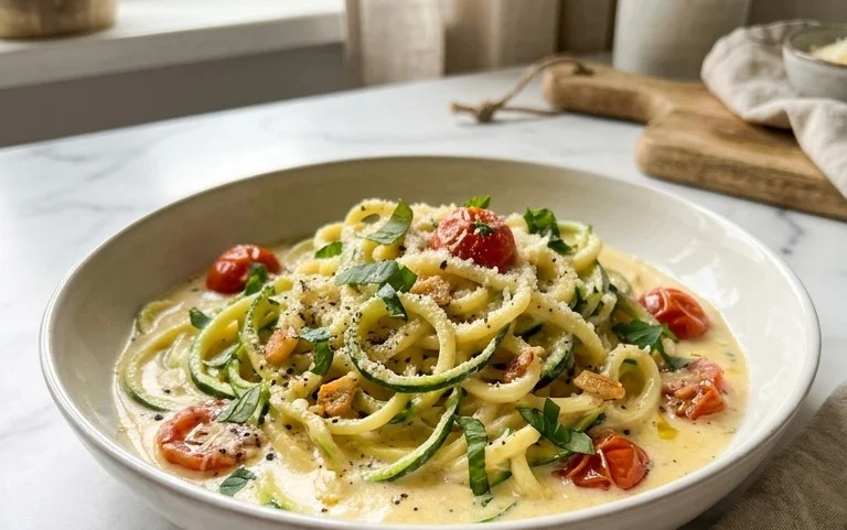 Zucchini-Spaghetti in cremiger Sauce– Zoodles