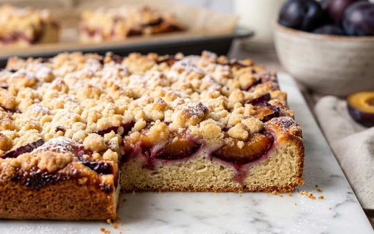 Pflaumenkuchen mit Streusel vom Blech (Quark-Öl-Teig)