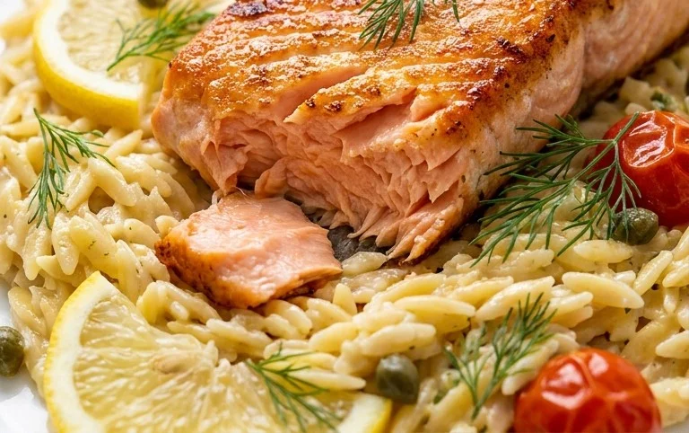 One Skillet Salmon with Lemon Orzo