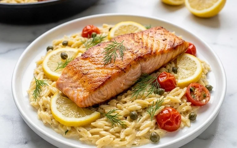 One Skillet Salmon with Lemon Orzo